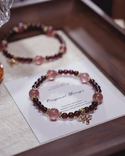 Joyful Reunion, Garnet & Strawberry Quartz Bracelet, Boost Your Vitality