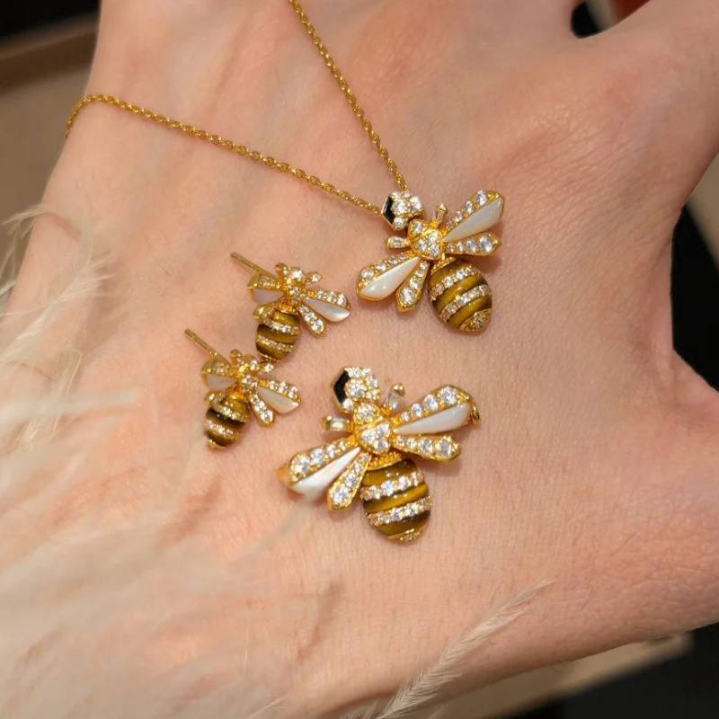Gold-Plated 925 Silver｜Bee Jewelry Set – Triple Fortune Blessings