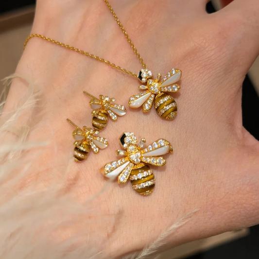 Gold-Plated 925 Silver｜Bee Jewelry Set – Triple Fortune Blessings