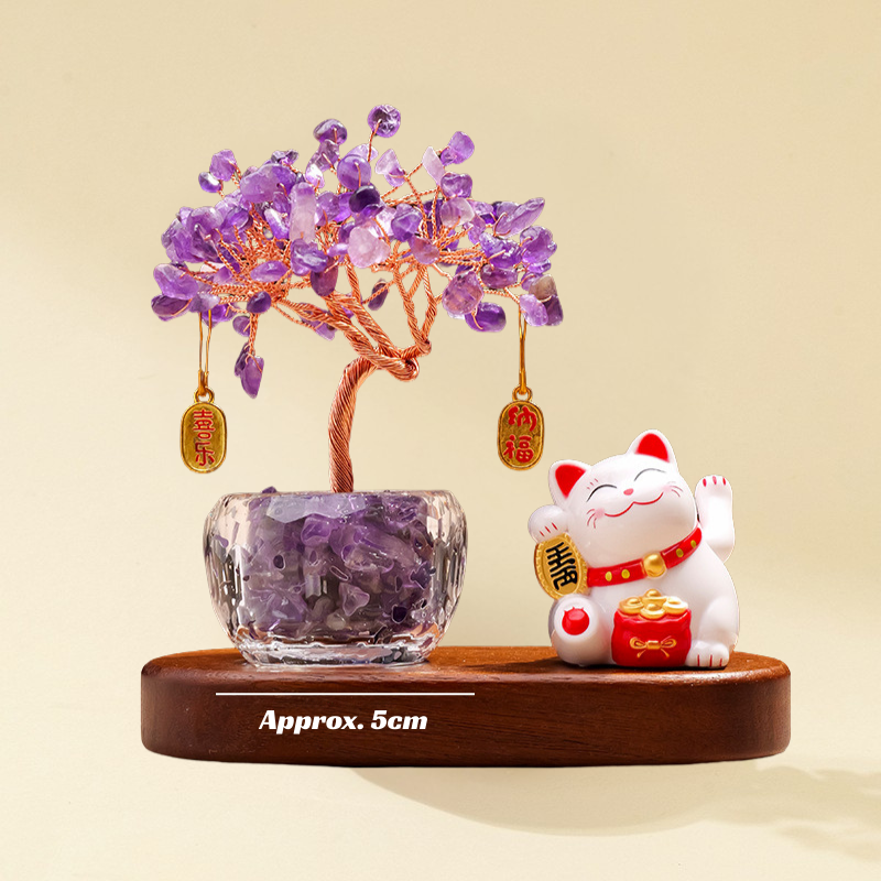 Amethyst Feng Shui Tree & Lucky Cat Set - Wisdom & Scholastic Success