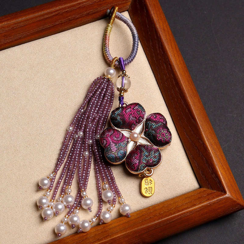 Four-Leaf Clover Lucky Charm | Chinese Embroidery Song Jin Charm with Tassel