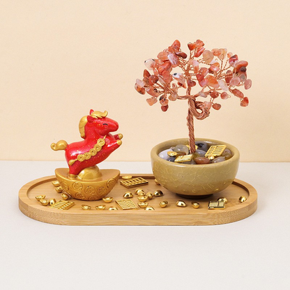 Red Agate Feng Shui Tree & Horse Statue Set - Wealth & Success for 2026 Year of the Horse