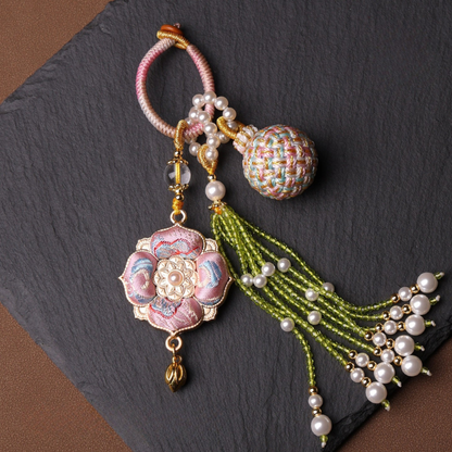 Double Blessing Charm: Auspicious Flower & Wish Sphere | Song Jin Embroidery & Crystal Tassel