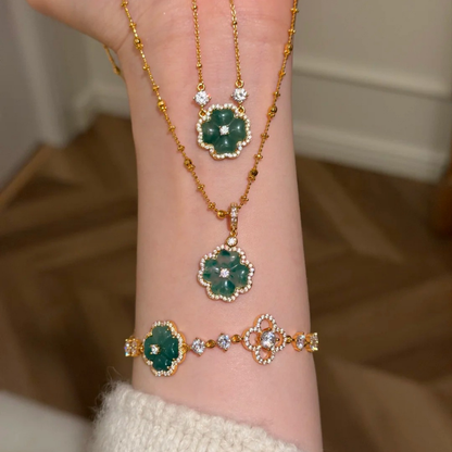 Gold-Plated 925 Silver｜Chalcedony Four-Leaf Clover Jewelry Set (Bracelet + Necklace)