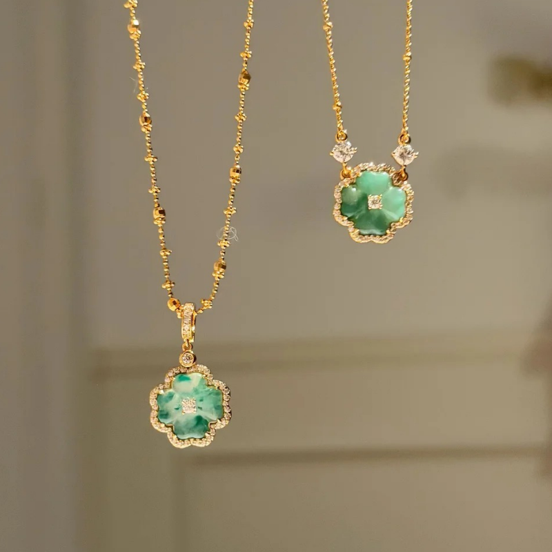 Gold-Plated 925 Silver｜Chalcedony Four-Leaf Clover Jewelry Set (Bracelet + Necklace)