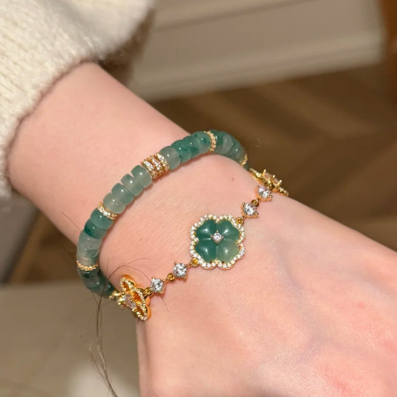 Gold-Plated 925 Silver｜Chalcedony Four-Leaf Clover Jewelry Set (Bracelet + Necklace)