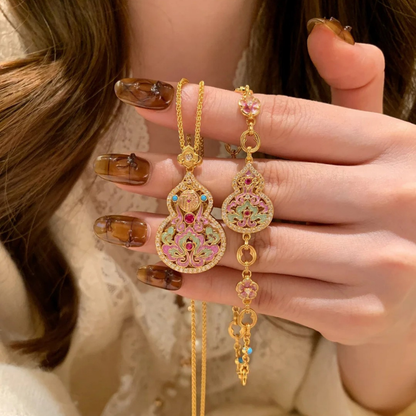 Gold-Plated 925 Silver｜Enamel Hollow Gourd Jewelry Set (Necklace+Bracelet)