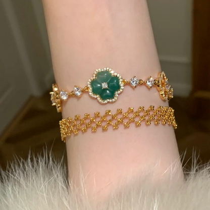 Gold-Plated 925 Silver｜Chalcedony Four-Leaf Clover Jewelry Set (Bracelet + Necklace)