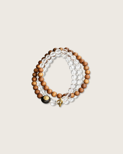 Orange Latte, Multi-wrap Sandalwood & Clear Quartz Bracelet, Calm Your Mind