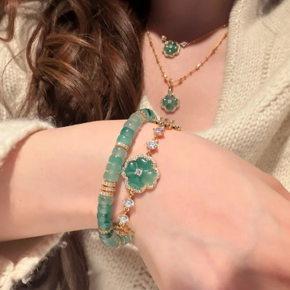 Gold-Plated 925 Silver｜Chalcedony Four-Leaf Clover Jewelry Set (Bracelet + Necklace)
