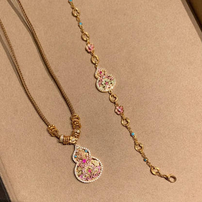 Gold-Plated 925 Silver｜Enamel Hollow Gourd Jewelry Set (Necklace+Bracelet)