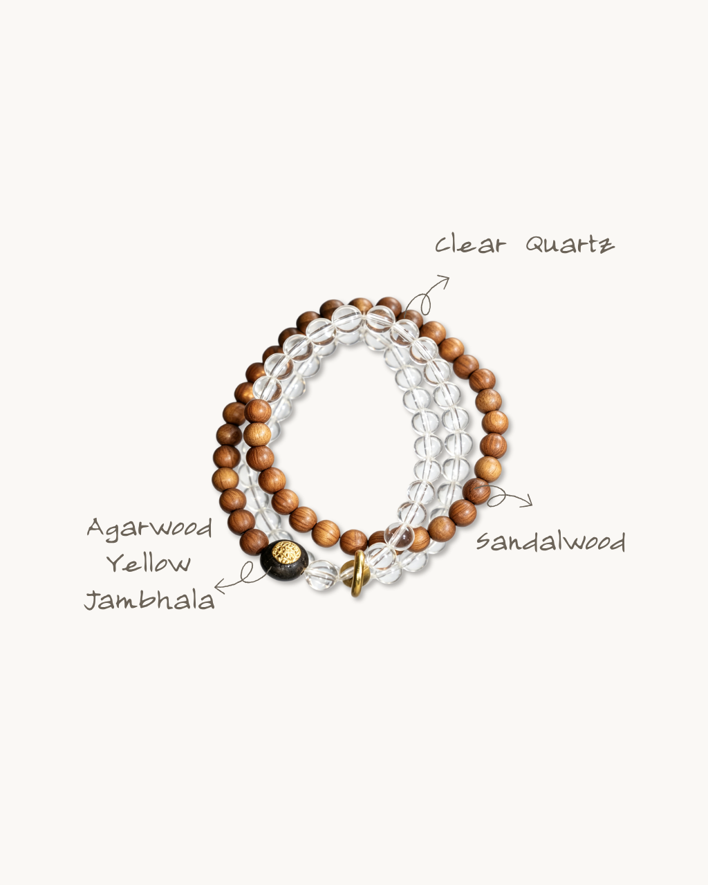 Orange Latte, Multi-wrap Sandalwood & Clear Quartz Bracelet, Calm Your Mind