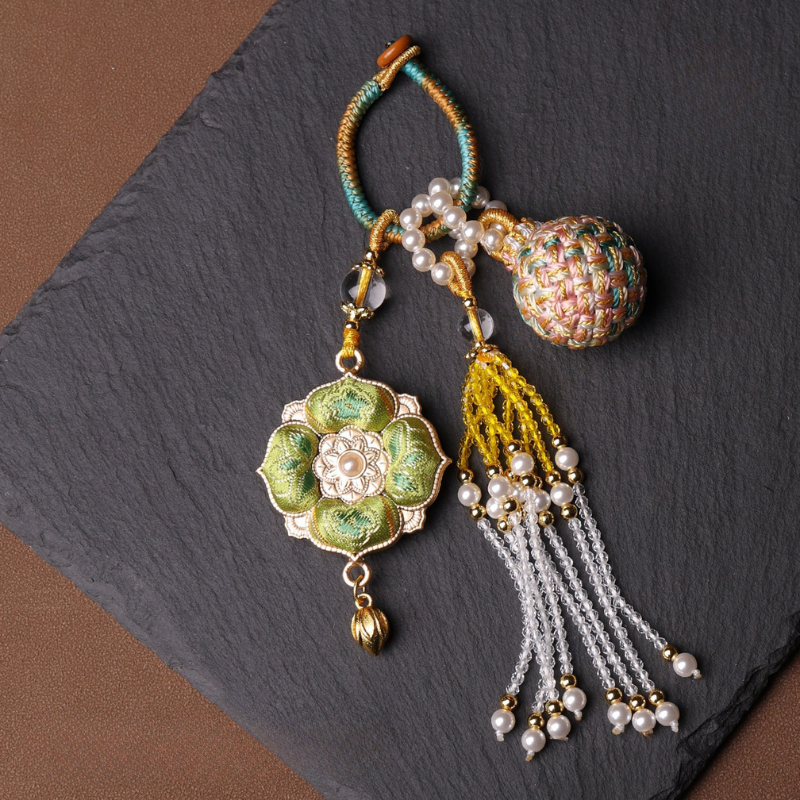 Double Blessing Charm: Auspicious Flower & Wish Sphere | Song Jin Embroidery & Crystal Tassel