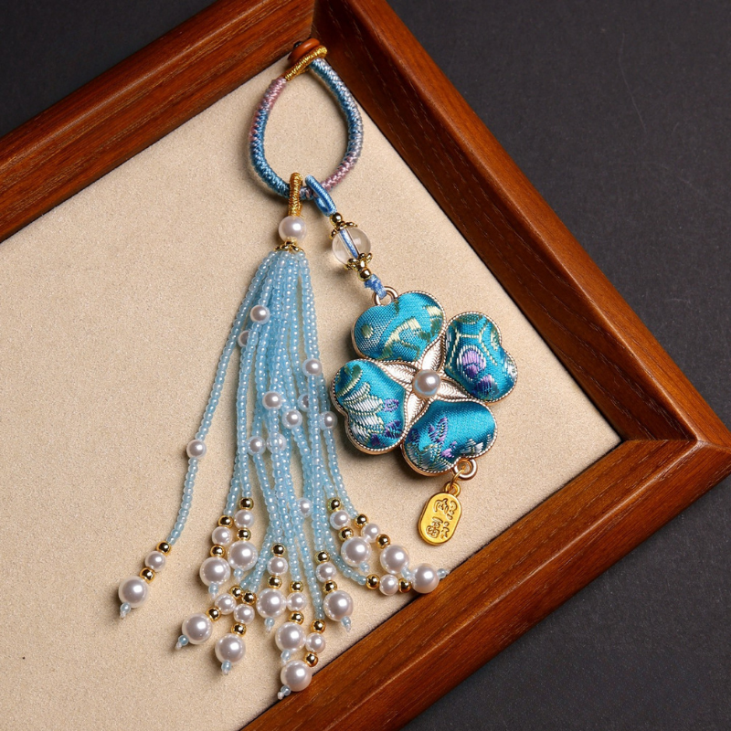 Four-Leaf Clover Lucky Charm | Chinese Embroidery Song Jin Charm with Tassel