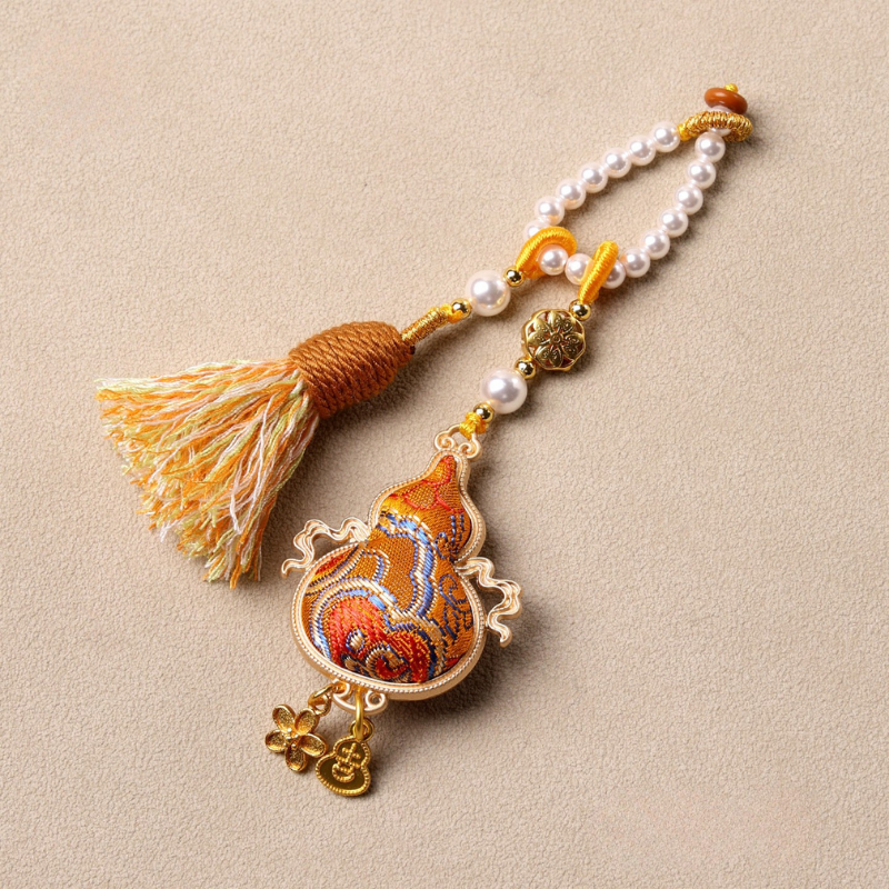 Flying Gourd Charm | Double-sided Embroidered Winged Gourd Ornament with Braided Tassel
