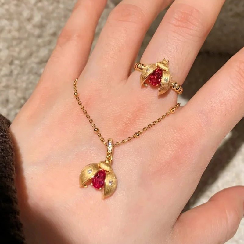 Gold-Plated 925 Silver｜Beetle Jewelry Set (Necklace+Ring)