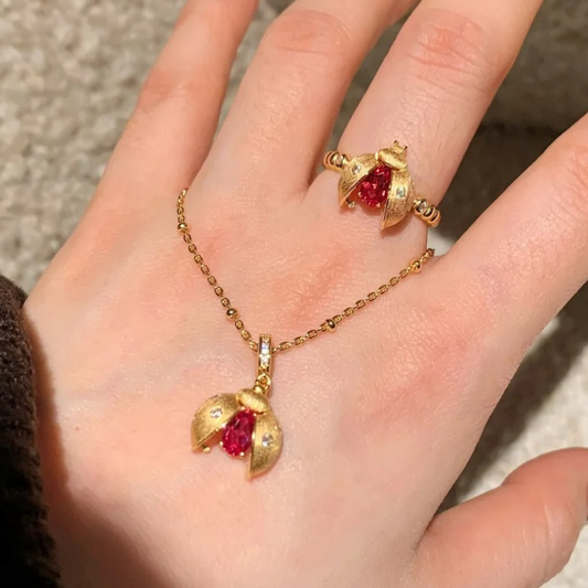 Gold-Plated 925 Silver｜Beetle Jewelry Set (Necklace+Ring)