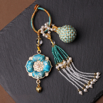Double Blessing Charm: Auspicious Flower & Wish Sphere | Song Jin Embroidery & Crystal Tassel