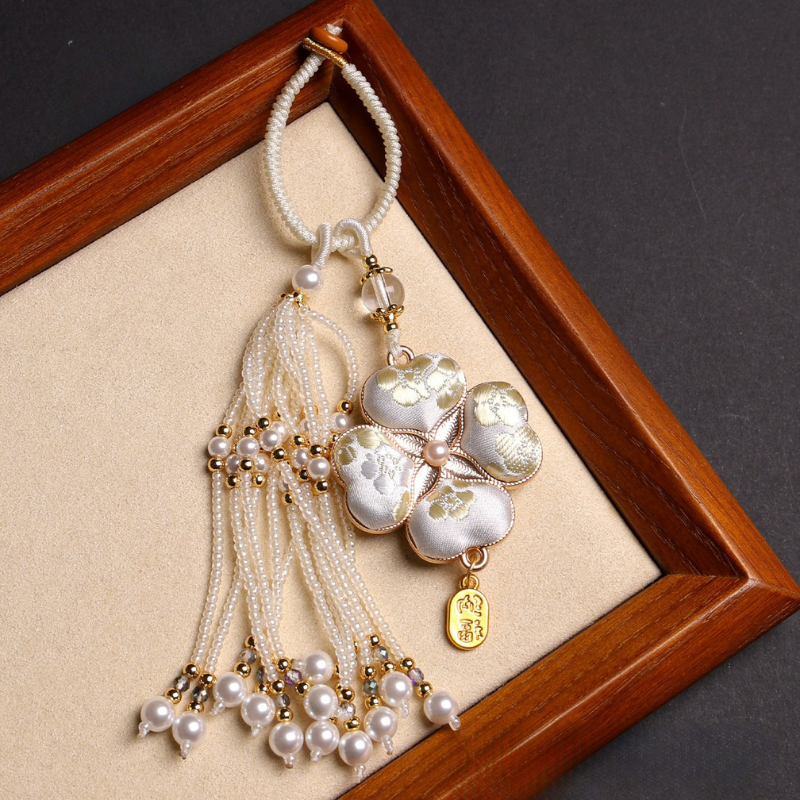 Four-Leaf Clover Lucky Charm | Chinese Embroidery Song Jin Charm with Tassel