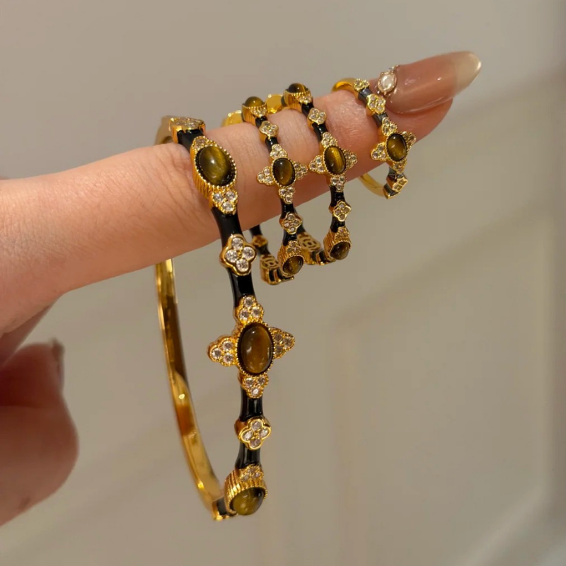 Gold-Plated 925 Silver｜ Tiger Eye Jewelry Set (Bangle+Ring+Earrings)