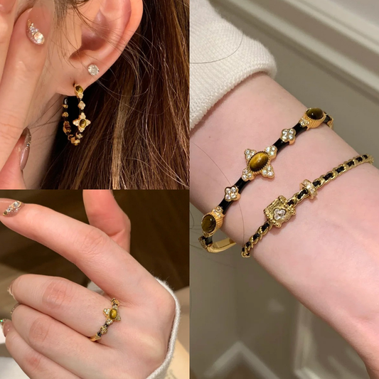 Gold-Plated 925 Silver｜ Tiger Eye Jewelry Set (Bangle+Ring+Earrings)