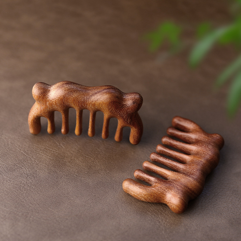 Massage Comb | 6-Tooth Golden Sandalwood - High-Low Teeth for Head Meridian