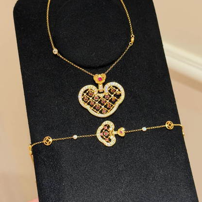 Gold-Plated 925 Silver｜ Ruyi Lock Enamel Hollow-out Jewelry Set (Bracelet+Necklace)