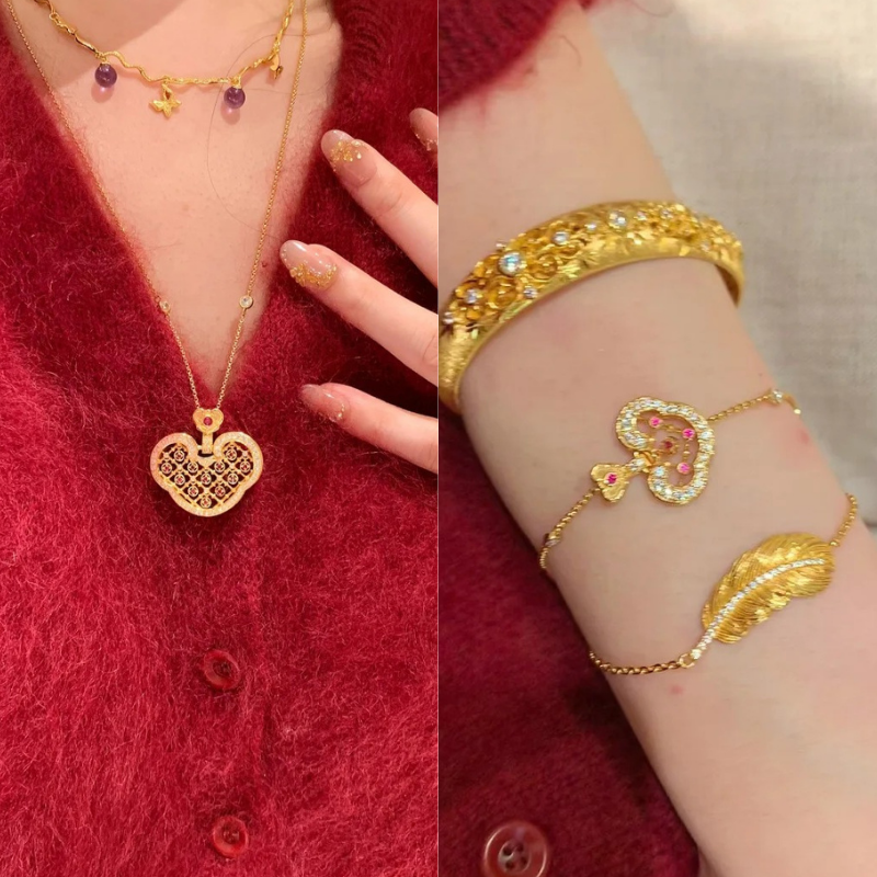 Gold-Plated 925 Silver｜ Ruyi Lock Enamel Hollow-out Jewelry Set (Bracelet+Necklace)