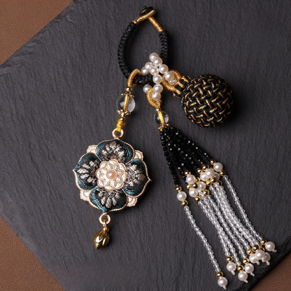 Double Blessing Charm: Auspicious Flower & Wish Sphere | Song Jin Embroidery & Crystal Tassel