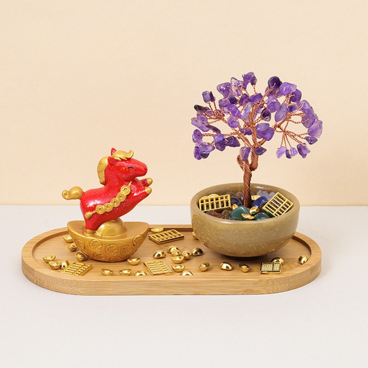 Amethyst Feng Shui Tree & Horse Set - Wisdom & Focus for 2026 Year of the Horse