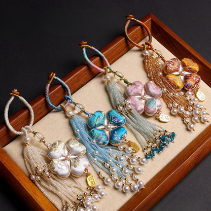 Four-Leaf Clover Lucky Charm | Chinese Embroidery Song Jin Charm with Tassel
