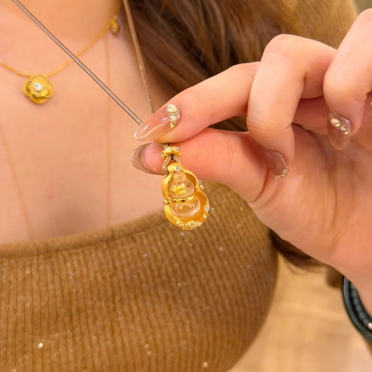 Gold-Plated 925 Silver｜Crystal Within Crystal Gourd - Gold-Wrapped Quartz Talisman for Wealth & Clarity