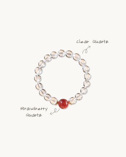 Strawberry Kiss, Strawberry & Clear Quartz Bracelet, Attract Love & Luck
