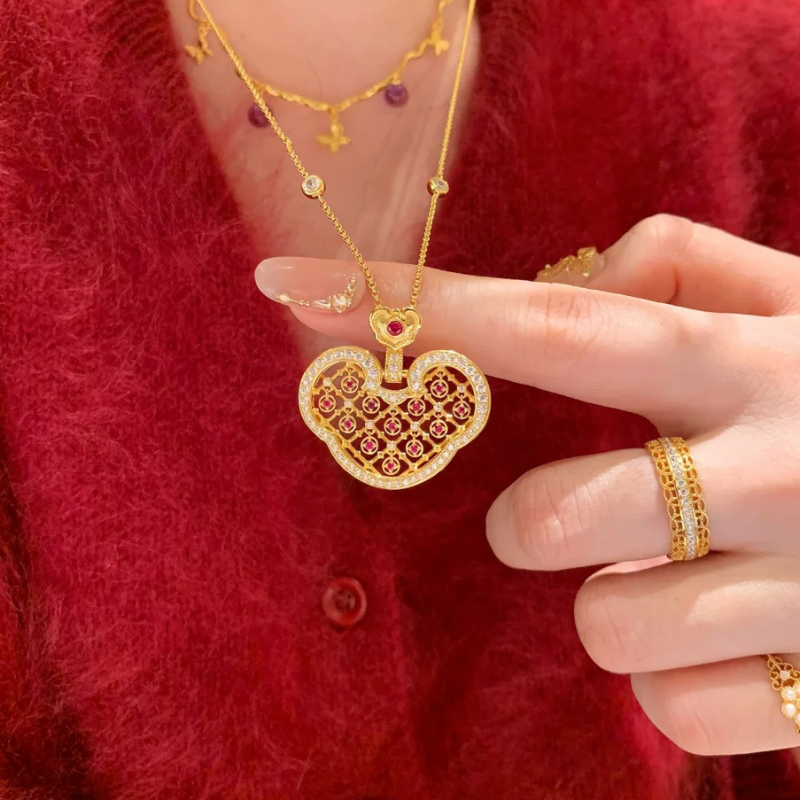 Gold-Plated 925 Silver｜ Ruyi Lock Enamel Hollow-out Jewelry Set (Bracelet+Necklace)