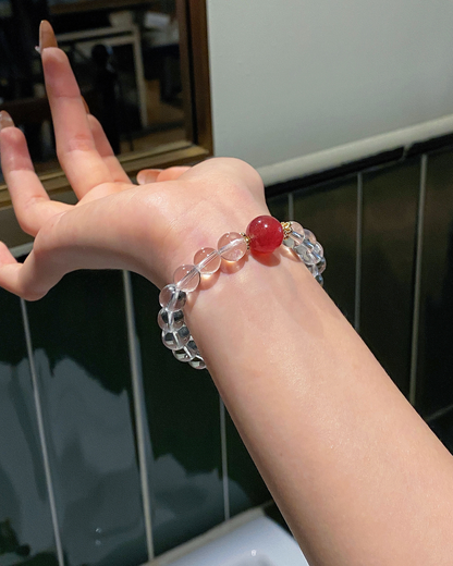 Strawberry Kiss, Strawberry & Clear Quartz Bracelet, Attract Love & Luck
