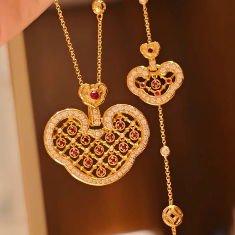 Gold-Plated 925 Silver｜ Ruyi Lock Enamel Hollow-out Jewelry Set (Bracelet+Necklace)