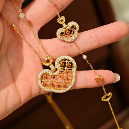 Gold-Plated 925 Silver｜ Ruyi Lock Enamel Hollow-out Jewelry Set (Bracelet+Necklace)