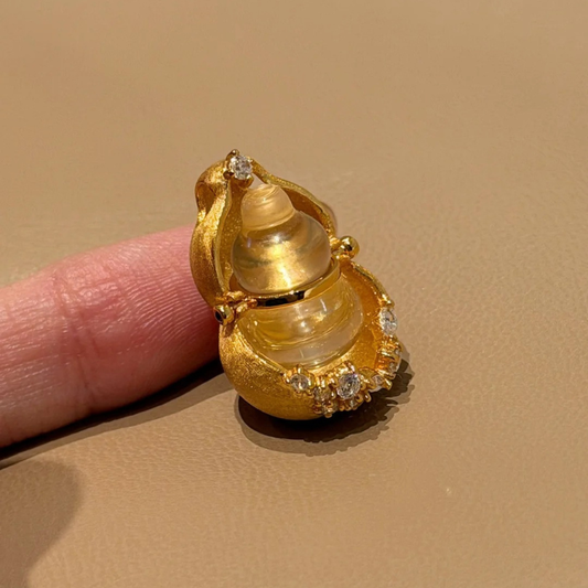 Gold-Plated 925 Silver｜Crystal Within Crystal Gourd - Gold-Wrapped Quartz Talisman for Wealth & Clarity