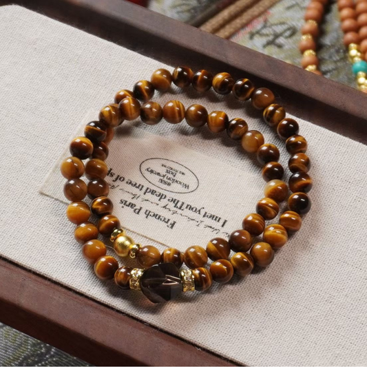Double-wrap Bracelet｜Caramel Amber Tiger's Eye Smoky Quartz for Focus & Calm