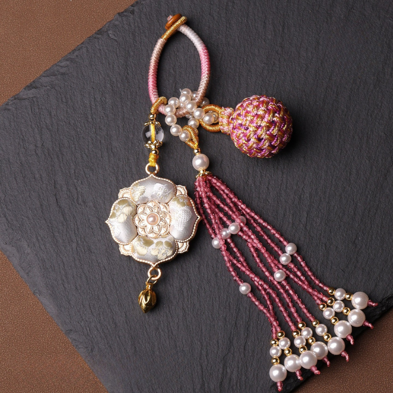 Double Blessing Charm: Auspicious Flower & Wish Sphere | Song Jin Embroidery & Crystal Tassel