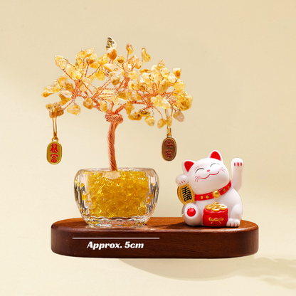 Citrine Feng Shui Tree & Lucky Cat Set - Wealth & Abundance