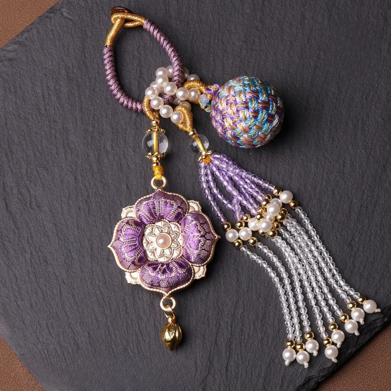 Double Blessing Charm: Auspicious Flower & Wish Sphere | Song Jin Embroidery & Crystal Tassel