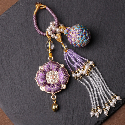 Double Blessing Charm: Auspicious Flower & Wish Sphere | Song Jin Embroidery & Crystal Tassel