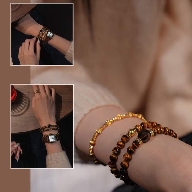Double-wrap Bracelet｜Caramel Amber Tiger's Eye Smoky Quartz for Focus & Calm