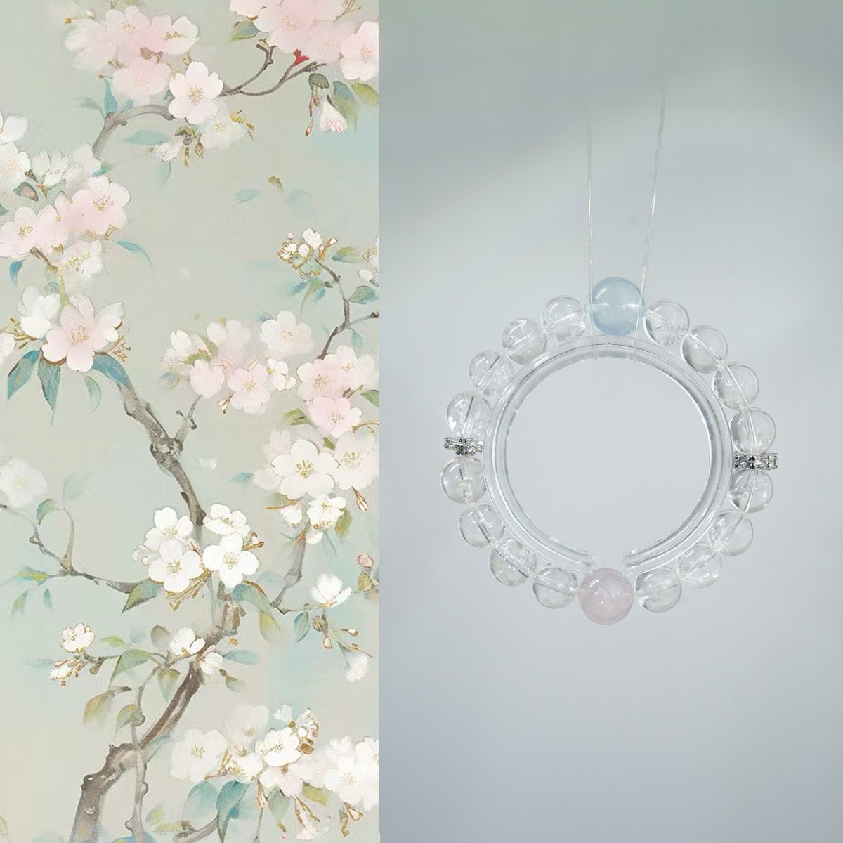 Bracelet｜"Pink Crabapple in Evening Mist" White Aura Quartz & Aquamarine for Purification & Communication