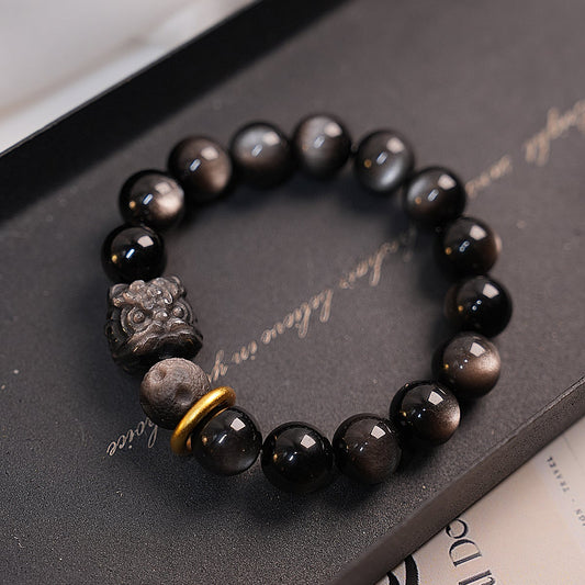 Bracelet｜"Silver Lion Guardian" Silver Sheen Obsidian & Meteorite for Guard & Wisdom