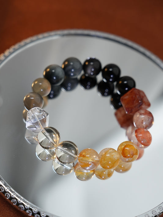 Bracelet｜"Ink Wash Koi" Silver Sheen Obsidian & Red Aventurine for Protection & Wealth