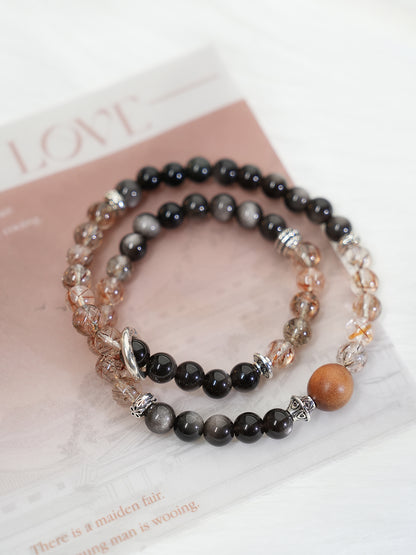 Double-wrap Bracelet｜"Clear Tea Brown Shadow" Silver Sheen Obsidian & Super Seven for Guard & Energy