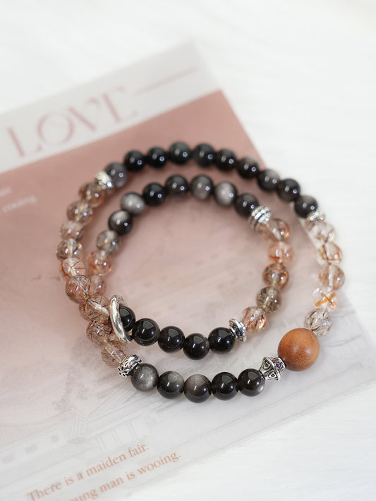 Double-wrap Bracelet｜"Clear Tea Brown Shadow" Silver Sheen Obsidian & Super Seven for Guard & Energy