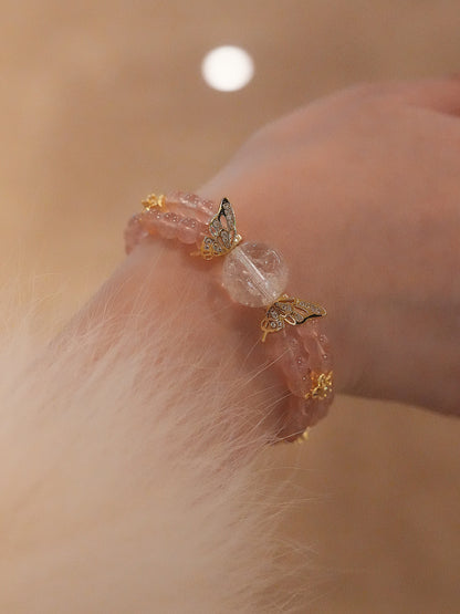 Double-wrap Bracelet｜"Sandalwood Pink Butterfly" Rose Quartz & White Aura Quartz for Love & Purify